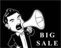 Businessman Promoting Big Sale Black And White Illustration Design