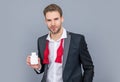 Businessman promoting medicine pill. Healthcare business. Antidepressant and painkiller for business man. Businessman