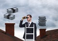 Businessman on property ladder with Roofs and money icons Royalty Free Stock Photo