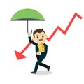 Businessman protect money from down stock.Cartoon business man holding umbrella and money bag with down arrow