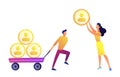 Businessman pulling cart with people profiles pyramid and woman giving one vector illustration.