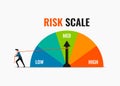 Businessman pulling rope at risk scale pointer to low position vector illustration. Risk control strategy concept