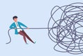 Businessman pulls rope. Complex problem solving concept. Find start at challenge analysis. Complicated situation Royalty Free Stock Photo