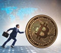 Businessman pushing bitcoin in cryptocurrency blockchain concept Royalty Free Stock Photo