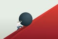 Businessman pushing boulder up to hill and hard work challenge. Concept illustration vector