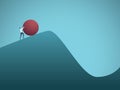 Businessman pushing boulder uphill vector concept of Sisyphus. Symbol of hard work, futile effort, strength, struggle