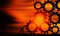 Businessman Pushing Gears Alone at sunset Orange sky. Business Man Connect the Cogwheels Together Hard work