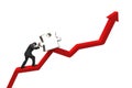 Businessman pushing heavy jigsaw puzzle upward on red trend line