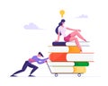 Businessman Pushing Heavy Trolley with Heap of Books and Businesswoman Sitting on Top with Light Bulb above Head