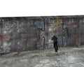 Businessman pushing huge puzzle door of business doodles concrete wall