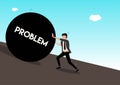 Businessman pushing huge stone with message debt up the hill. Business problem crisis hardship and burden concept. Cartoon. Vector Royalty Free Stock Photo