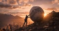 Businessman pushing large stone up to hill. Trying hard in business concept Royalty Free Stock Photo