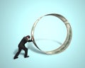Businessman pushing money circle isolated in green