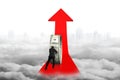 Businessman pushing money circle on red arrow with cityscape cloudscape