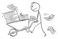 Businessman Pushing Pile of Documents on Wheelbarrow, Vector Cartoon Stick Figure Illustration