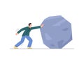 Businessman pushing stone as metaphor of difficult effort, flat vector isolated. Royalty Free Stock Photo