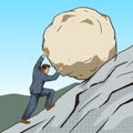 Businessman pushing a stone uphill pop art vector