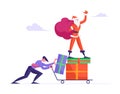 Businessman Pushing Trolley with Santa Claus Standing on Heap of Gift Boxes Holding Sack with Presents and Waving Hand