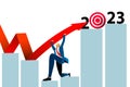 Businessman pushing upwards a business chart arrow to target on 2023 number. Concept business illustration