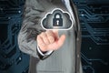 Businessman pushing virtual cloud security button Royalty Free Stock Photo