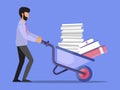 Businessman pushing a wheelbarrow full of paper vector illustration. Office worker pushing a cart with documents. Pile