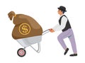 Businessman pushing wheelbarrow with money bag, flat vector illustration. A man of fortune, rich banker.