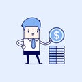 Businessman puts coin in a pile. Cartoon character thin line style vector.