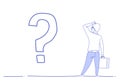 Businessman question mark pondering problem concept future business direction strategy sketch doodle horizontal
