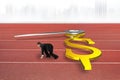 Businessman race against time concept, clock hands in dollar shape on red track, 3D rendering