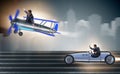 Businessman racing on car and airplane Royalty Free Stock Photo