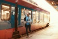 Businessman on railroad station Royalty Free Stock Photo