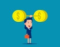 Businessman raise money. Weightlifting concept. Little business cartoon vector style