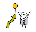 Businessman raised his hands in delight, looks at profit chart and rejoices in fake success. Vector illustration of