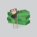 Businessman Reach Piles Of Banknotes By Ladder Vector