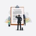 Businessman read and checking form terms and conditions vector illustration