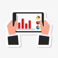 Businessman read financial analysis report with chart and graph, Hand holding tablet sticker
