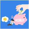 Businessman receive bundle money from big hand and put in piggy bank, Free Vector