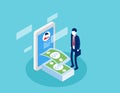 Businessman receiving money. Online transaction concept. Isometric business cartoon vector style