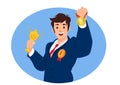 Businessman receiving trophy and a gold medal for outstanding employees. Chalong wins an award. Vector illustration for success,