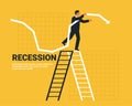 Businessman recession economic downturn concept man on ladder holding downward arrow financial crisis chart yellow