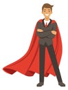 Businessman in red cape. Superhero corporate worker character