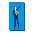 Businessman with red hair holding box of belongings, waving goodbye, job termination concept. Layoff and unemployment