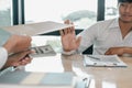 Businessman rejecting money cash banknote from woman.  honest man refuse to take the bribe. bribery, corruption, venality concept Royalty Free Stock Photo