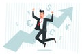 Businessman rejoices in growth. Successful finance business, growing income and arrow chart graph vector illustration