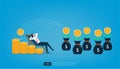 Businessman relaxes waiting for the money to enter his dollar coins. Passive income and salary concept vector illustration