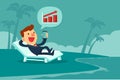 businessman relaxing on beach chair looking at bar chart on smart phone screen Royalty Free Stock Photo