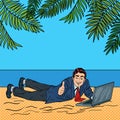 Businessman Relaxing on the Beach. Man on Tropical Vacation with Laptop. Pop Art Royalty Free Stock Photo