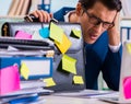 Businessman with reminder notes in multitasking concept