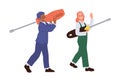 Businessman and repairwoman cartoon characters wearing uniform holding giant work tool isolated set