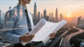 Businessman Reviewing Documents with Modern City Skyline Royalty Free Stock Photo